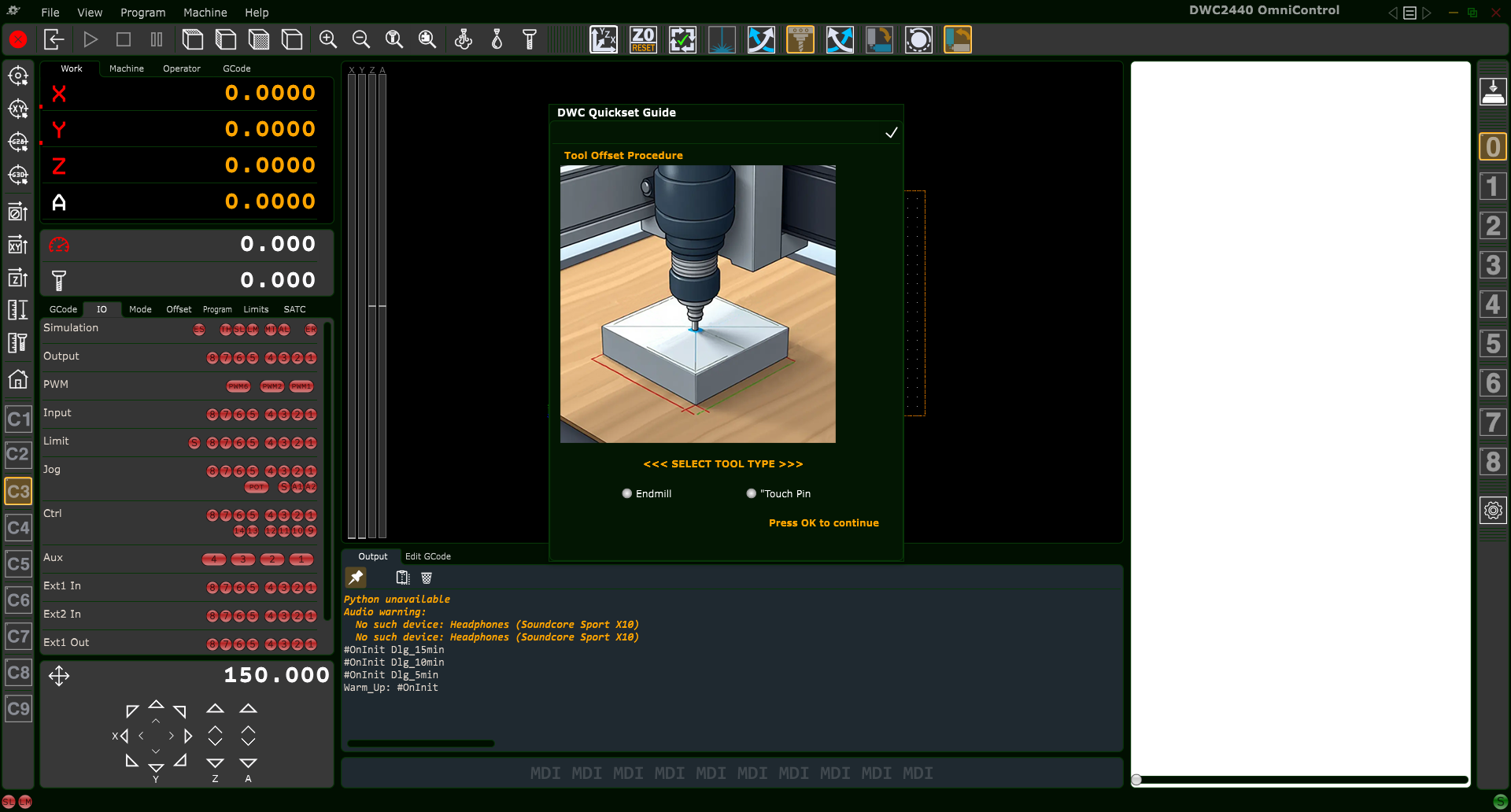 DWC Quickset Procedure main dialog showing tool type selection