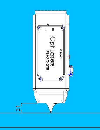 XT8 laser focal distance diagram showing 21 mm from bottom of laser body to material surface